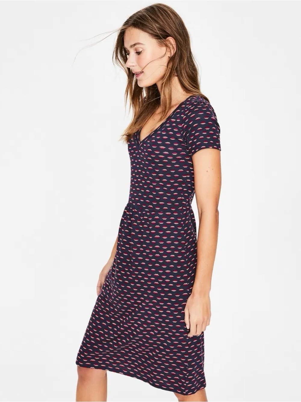 Boden Penelope Lip Print Jersey Dress 4P Petite Navy Pink V Neck